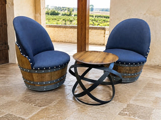 Whiskey & Wine Barrel Hoop Side Table — Oak Top, Metal Hoops