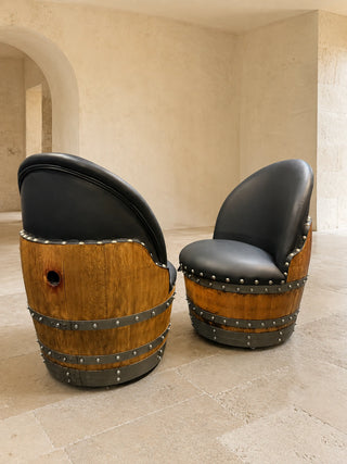 Whiskey & Wine Barrel Lounge Chair — Hidden Storage, Memory Foam, Black Upholstery