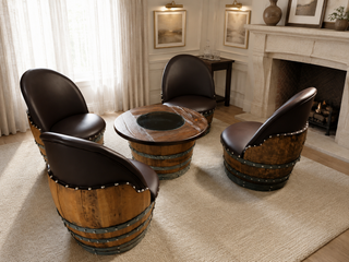 Whiskey & Wine Barrel Coffee Table Set — Full Round Table, 4 Chairs
