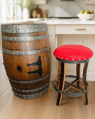Whiskey & Wine Barrel Stool — Memory Foam, Red Upholstery