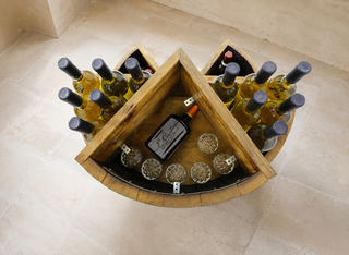 Whiskey & Wine Barrel Minibar Cabinet — Door Shelf, Reclaimed Oak