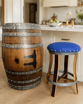 Whiskey & Wine Barrel Stool — Memory Foam, Sea Blue Upholstery (Limited)