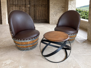 Whiskey & Wine Barrel Hoop Side Table — Oak Top, Metal Hoops
