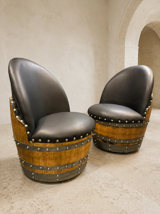 Whiskey & Wine Barrel Lounge Chair — Hidden Storage, Memory Foam, Black Upholstery