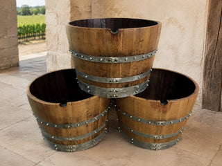 Whiskey & Wine Barrel Half-Barrel Planter — Multi-Use, Wine-Stained Oak
