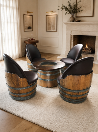 Whiskey & Wine Barrel Coffee Table Set — Full Round Table, 4 Chairs