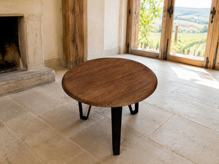 Whiskey & Wine Barrel Steel-Leg Center Table — Reclaimed Oak Top