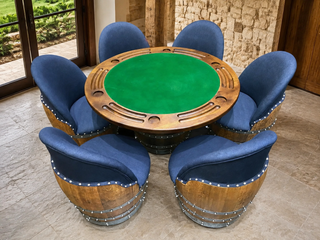 Whiskey & Wine Barrel Game Table Set — Poker Top and Dining Top Included, 6 Chairs (October Pre-Order)