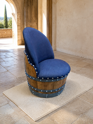 Whiskey & Wine Barrel Game Table Set — Poker and Dining Tops, 6 Chairs, Dark Navy Upholstery