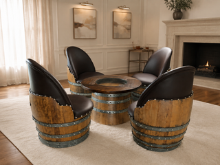 Whiskey & Wine Barrel Coffee Table Set — Full Round Table, 4 Chairs