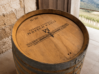 Whiskey & Wine Barrel Display Cabinet — Stemware Shelf, Door Storage