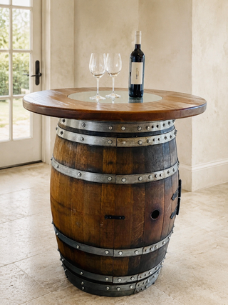 Whiskey & Wine Barrel Round Top with Glass Center — Wire-Brushed Oak, Fits 53–59 Gal (October Pre-Order)