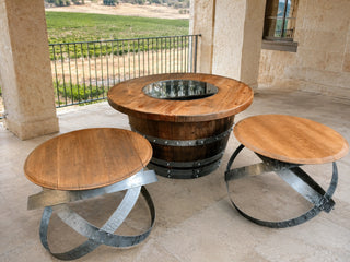 Whiskey & Wine Barrel Hoop Side Table — Oak Top, Metal Hoops