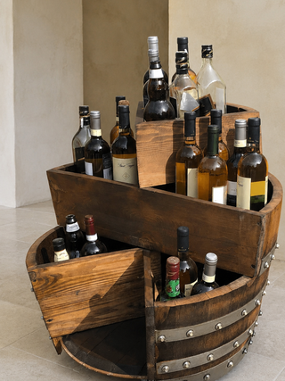 Whiskey & Wine Barrel Minibar Cabinet — Door Shelf, Reclaimed Oak