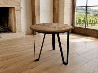 Whiskey & Wine Barrel Steel-Leg Center Table — Reclaimed Oak Top