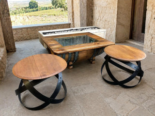 Whiskey & Wine Barrel Hoop Side Table — Oak Top, Metal Hoops