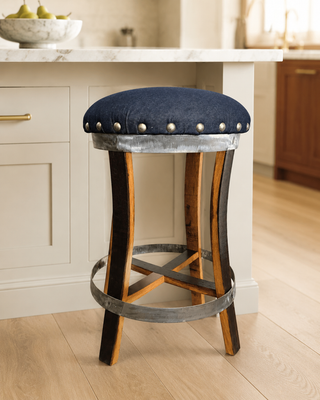 Whiskey & Wine Barrel Stool — Memory Foam, Dark Navy Blue Upholstery
