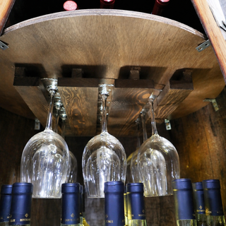 Whiskey & Wine Barrel Display Cabinet — Stemware Shelf, Door Storage