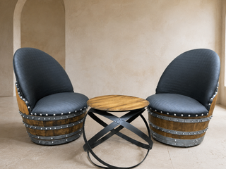Whiskey & Wine Barrel Lounge Chair — Hidden Storage, Memory Foam, Checkered Gray Upholstery (Limited)