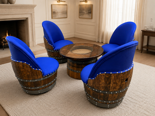 Whiskey & Wine Barrel Coffee Table Set — Full Round Table, 4 Chairs