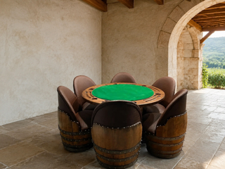 Whiskey & Wine Barrel Game Table Set — Poker Top and Dining Top Included, 6 Chairs (October Pre-Order)