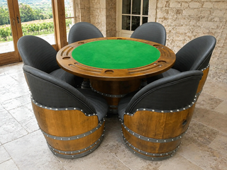 Whiskey & Wine Barrel Game Table Set — Poker Top and Dining Top Included, 6 Chairs (October Pre-Order)