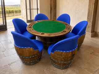 Whiskey & Wine Barrel Game Table Set — Poker Top and Dining Top Included, 6 Chairs (October Pre-Order)