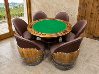 Whiskey & Wine Barrel Game Table Set — Poker Top and Dining Top Included, 6 Chairs (October Pre-Order)