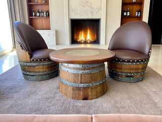 Wine Barrel Full Round Coffee Table Set with 2 Chairs - Rustic Whiskey Barrel Furniture Set - Handmade Solid Oak - Free Shipping Obarrel.com