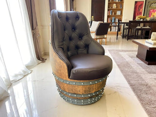 Luxury Captain Barrel Chair, Handmade Wine and Whiskey Barrel Chair, Hidden Storage, Memory Foam Upholstery, Movable On Casters Obarrel.com