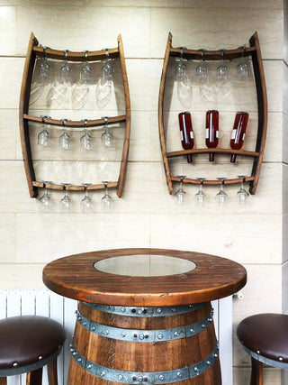 2 x Trio Pack: Wine Barrel Trio Bottle + Trio Glass Display - Oak Wood Wine Barrels. wine barrel coffee table barrel glass top wine barrel glass top whiskey barrel glass top bourbon barrel glass top barrel coffee table barrel wine rack wine barrel table whiskey barrel whiskey barrel table wine barrel handma