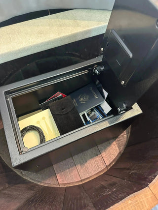 (SAFE Chair Free Upgrade) Dark Navy Blue Oak Barrel Chair, Handmade Wine and Whiskey Barrel Chair, Hidden Storage, Memory Foam Upholstery, Movable On Casters Obarrel.com