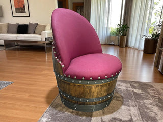 (SAFE Chair Free Upgrade) Burgundy Berry Oak Barrel Chair, Handmade Wine and Whiskey Barrel Chair, Hidden Storage, Memory Foam Upholstery, Movable On Casters Obarrel.com