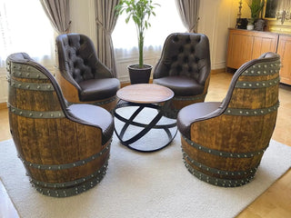 Luxury Wine Barrel Whiskey Barrel Captain Chair Table Set: Rustic Wine and Whiskey Barrel - Unique Barrel Chairs for Home and Patio Decor Obarrel.com