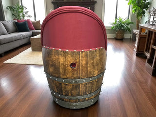 (SAFE Chair Free Upgrade) Burgundy Berry Oak Barrel Chair, Handmade Wine and Whiskey Barrel Chair, Hidden Storage, Memory Foam Upholstery, Movable On Casters Obarrel.com