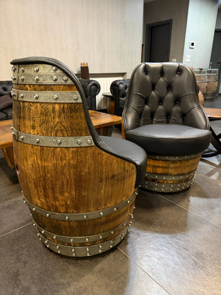 Whiskey Barrel captain chair, brown oak in den setting