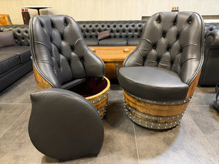 Wine Barrel captain chair, full room context