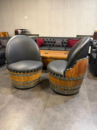 Black Oak Barrel Chair, Handmade Wine and Whiskey Barrel Chair, Hidden Storage, Memory Foam Upholstery, Movable On Casters