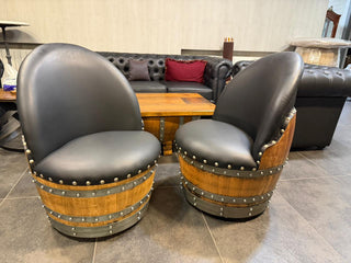Black Oak Barrel Chair, Handmade Wine and Whiskey Barrel Chair, Hidden Storage, Memory Foam Upholstery, Movable On Casters