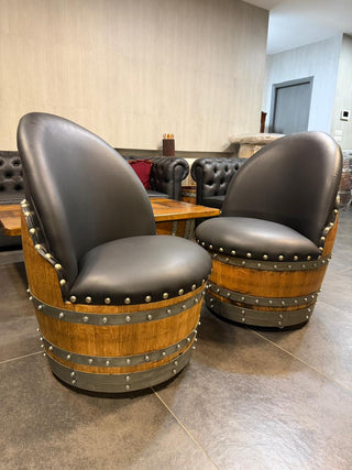 Black Oak Barrel Chair, Handmade Wine and Whiskey Barrel Chair, Hidden Storage, Memory Foam Upholstery, Movable On Casters