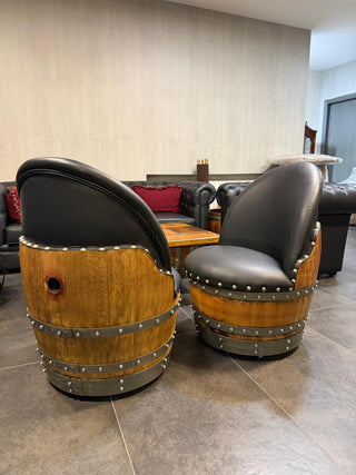 Black Oak Barrel Chair, Handmade Wine and Whiskey Barrel Chair, Hidden Storage, Memory Foam Upholstery, Movable On Casters