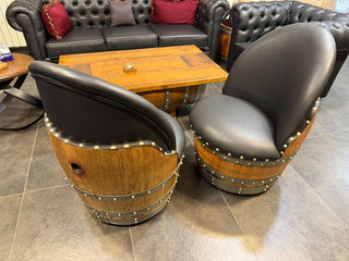 Black Oak Barrel Chair, Handmade Wine and Whiskey Barrel Chair, Hidden Storage, Memory Foam Upholstery, Movable On Casters