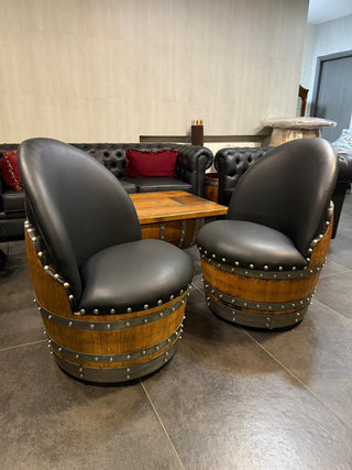 Black Oak Barrel Chair, Handmade Wine and Whiskey Barrel Chair, Hidden Storage, Memory Foam Upholstery, Movable On Casters