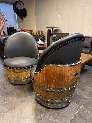 Black Oak Barrel Chair, Handmade Wine and Whiskey Barrel Chair, Hidden Storage, Memory Foam Upholstery, Movable On Casters