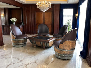 Wine Barrel Coffee Table Set with 4 Chairs - Rustic Whiskey Barrel Furniture Set - Handmade Solid Oak - Free Shipping Obarrel.com