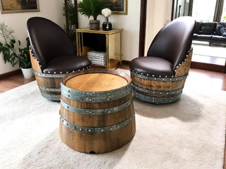 Wine Barrel Round Coffee Table Set with 2 Chairs - Rustic Whiskey Barrel Furniture Set - Handmade Solid Oak - Free Shipping Obarrel.com