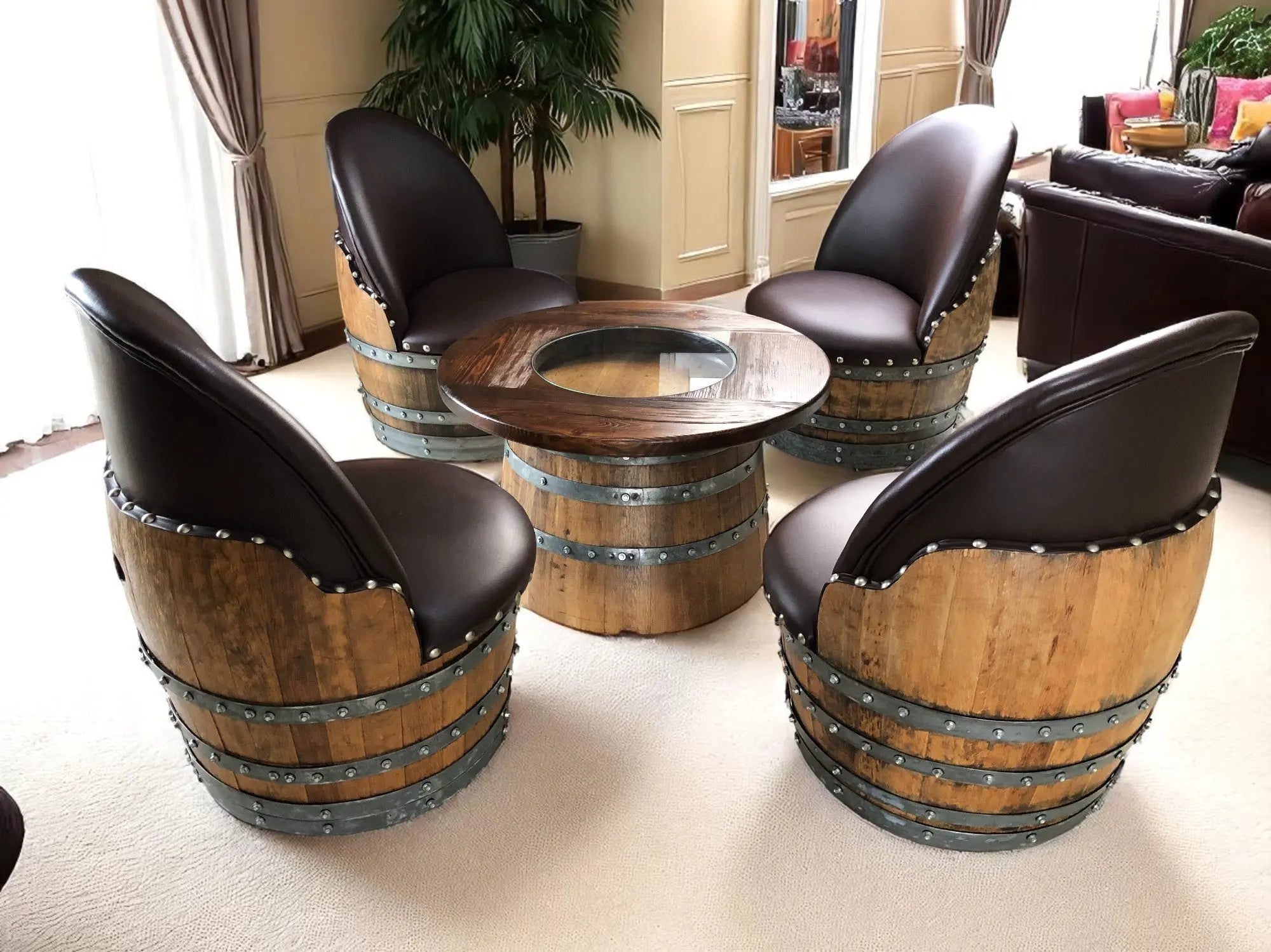 Wine Full Round Coffee Table Set with Chairs Rustic Whiskey
