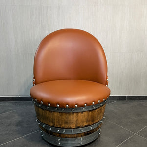 Rustic Brown Oak Barrel Chair, Handmade Wine and Whiskey Barrel Chair, Hidden Storage, Memory Foam Upholstery, Movable On Casters Obarrel.com