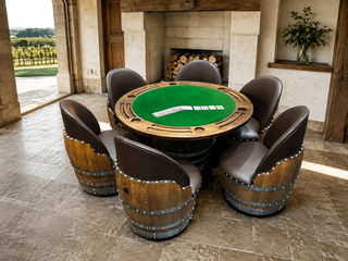 Whiskey & Wine Barrel Game Table Set — Poker Top and Dining Top Included, 6 Chairs