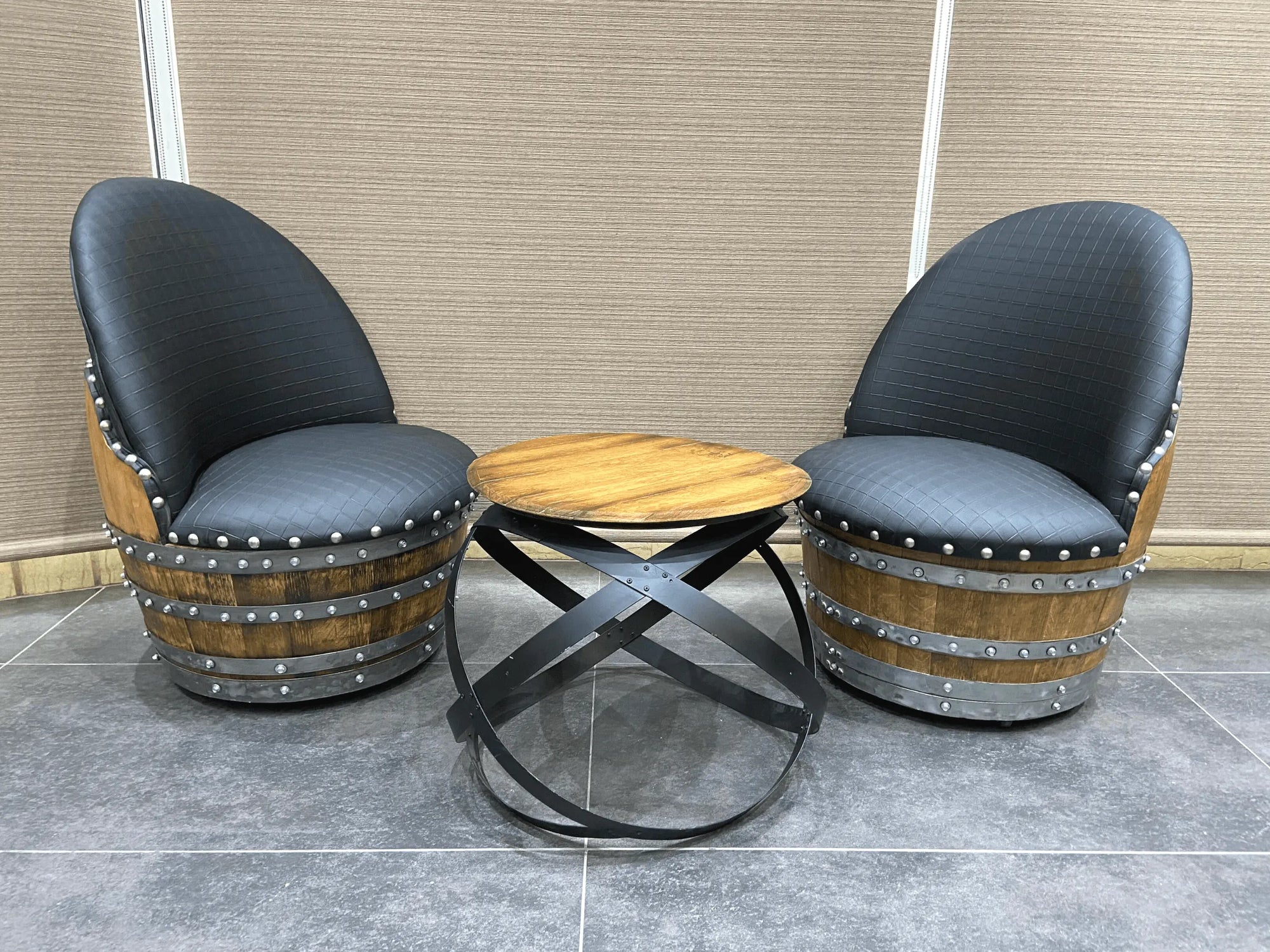 Wine Barrel Chair Checkered Gray Limited Colorway Oak Wood